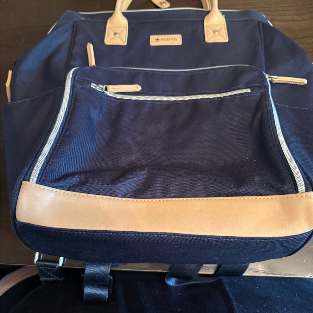 MZ Wallace Navy Canvas Backpack with Tan Trim